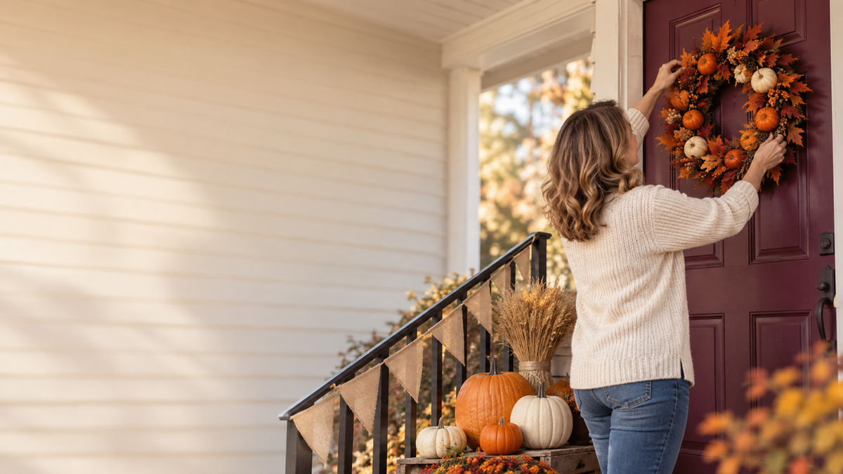A woman hanging an autumn wreath on a plum front door beside a stack of artificial pumpkins